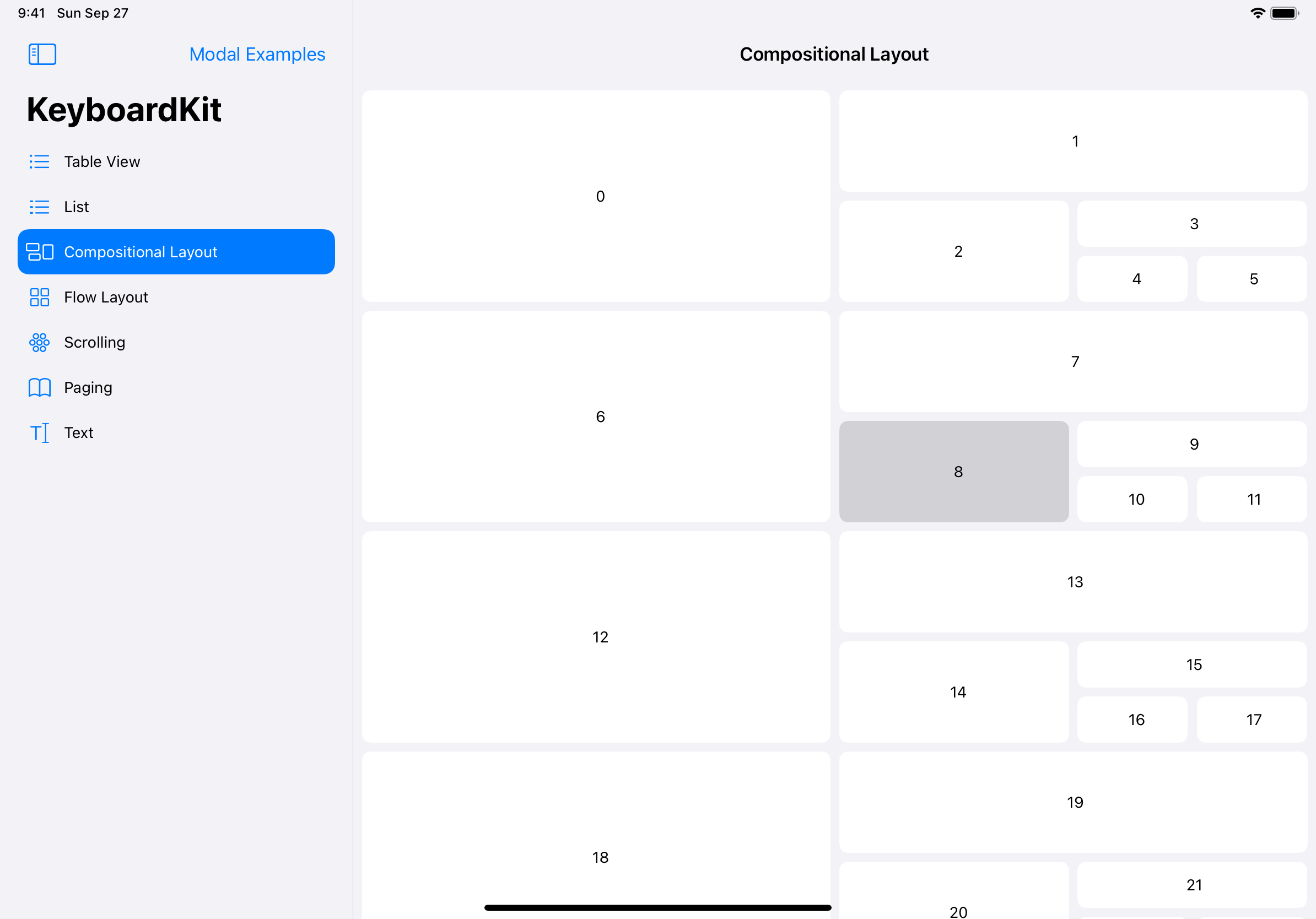 iPad screenshot showing a sidebar on the left with the title ‘KeyboardKit’ above the items: ‘Table View’, ‘List’, ‘Compositional Layout’, ‘Flow Layout’, ‘Scrolling’, ‘Paging’, and ‘Text’. On the right there is a grid of variable sized rectangles containing numbers.