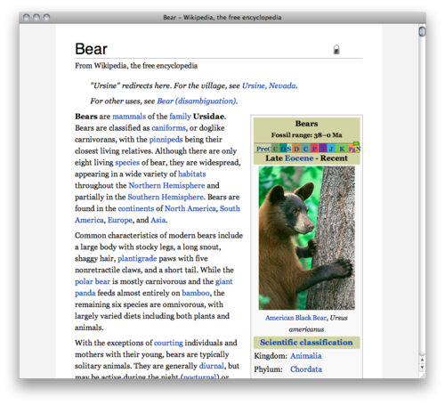 Top of Wikipedia’s article on Bears, shown with my style adjustments