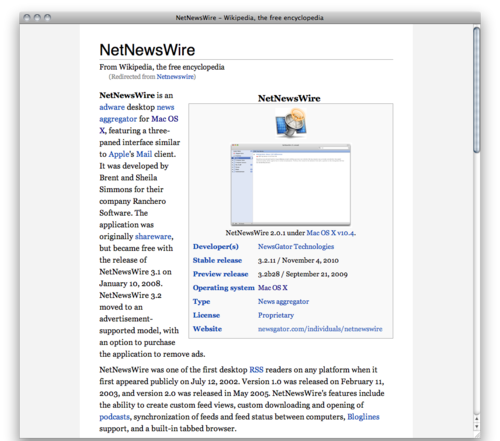 Top of Wikipedia’s article on NetNewsWire, shown with my style adjustments